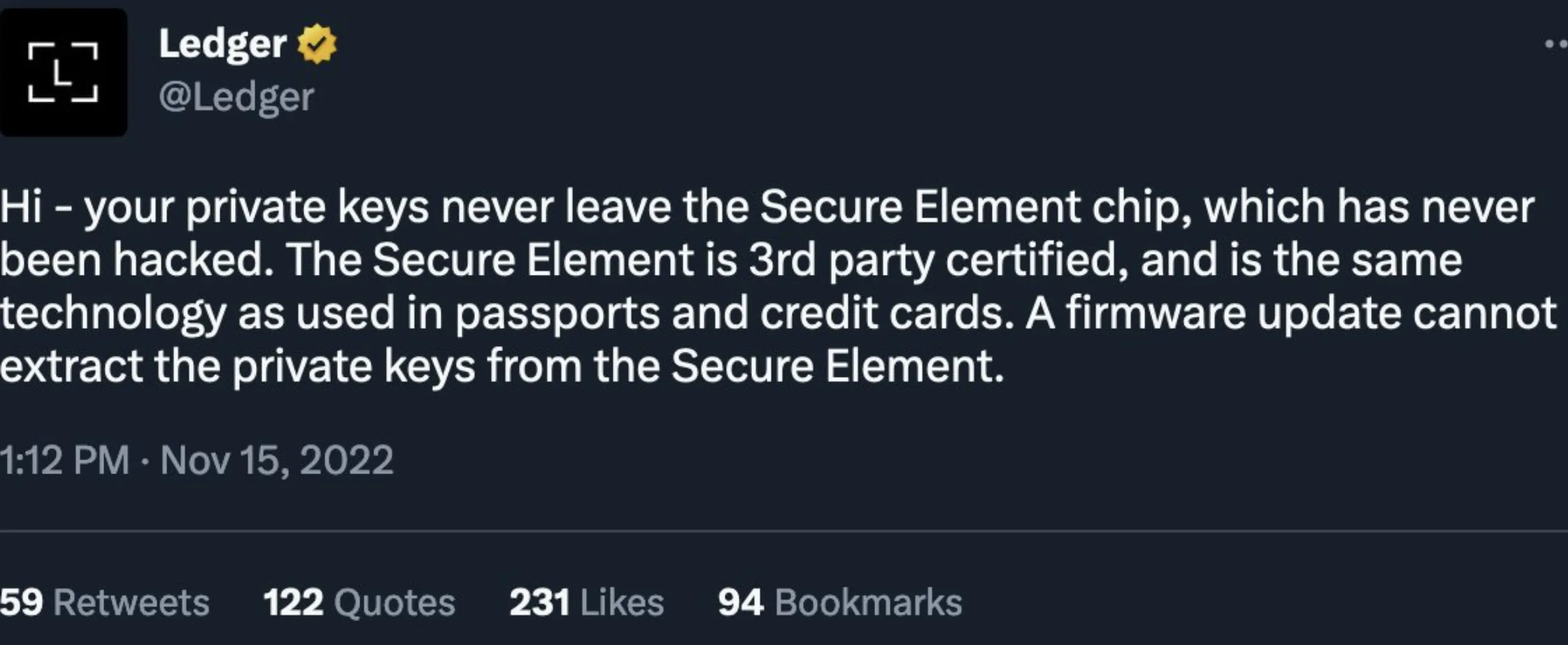 Nov 2022: A firmware update cannot extract the private keys from the Secure Element — Ledger